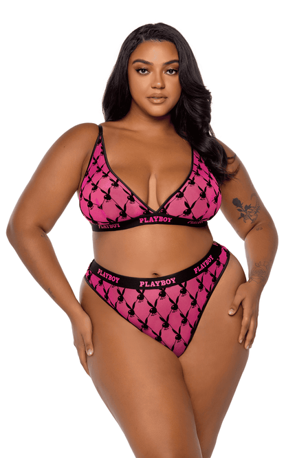 Naughty Kitten Clothing Playboy Flocked Bunny Bralette 2pc Set Pink Front View Playboy Lingerie Plus Size