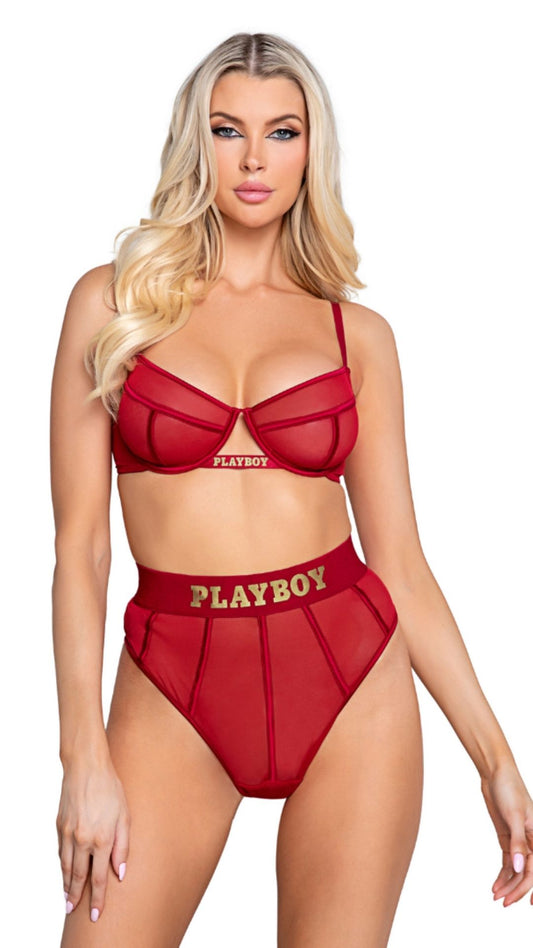 Naughty Kitten Clothing Playboy Cage 2-Piece Set - Red Front View Red Playboy Lingerie
