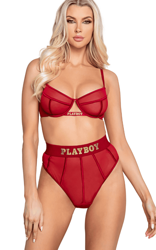 Naughty Kitten Clothing Playboy Cage 2-Piece Set - Red Front View Red Playboy Lingerie