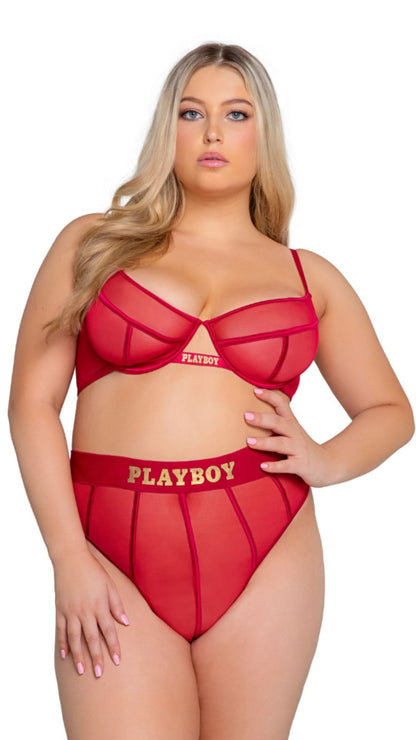 Naughty Kitten Clothing Playboy Cage 2-Piece Set - Red Front View Red Playboy Plus Size Lingerie