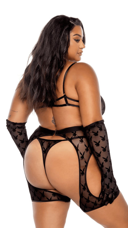 Naughty Kitten Clothing Playboy Flocked Bunny Chaps Black Rear View Playboy Plus Size Lingerie