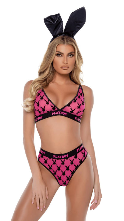 Naughty Kitten Clothing Playboy Flocked Bunny Bralette 2pc Set Pink Front View Playboy Lingerie