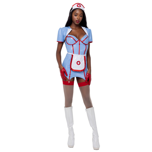 Naughty Kitten Clothing Retro Nurse Vinyl Costume Front View Halloween Costume