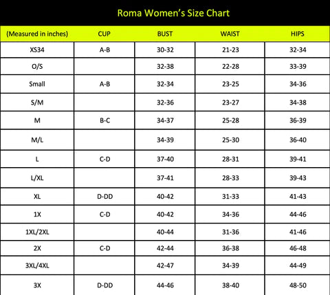 Naughty Kitten Clothing Roma Women's Size Chart