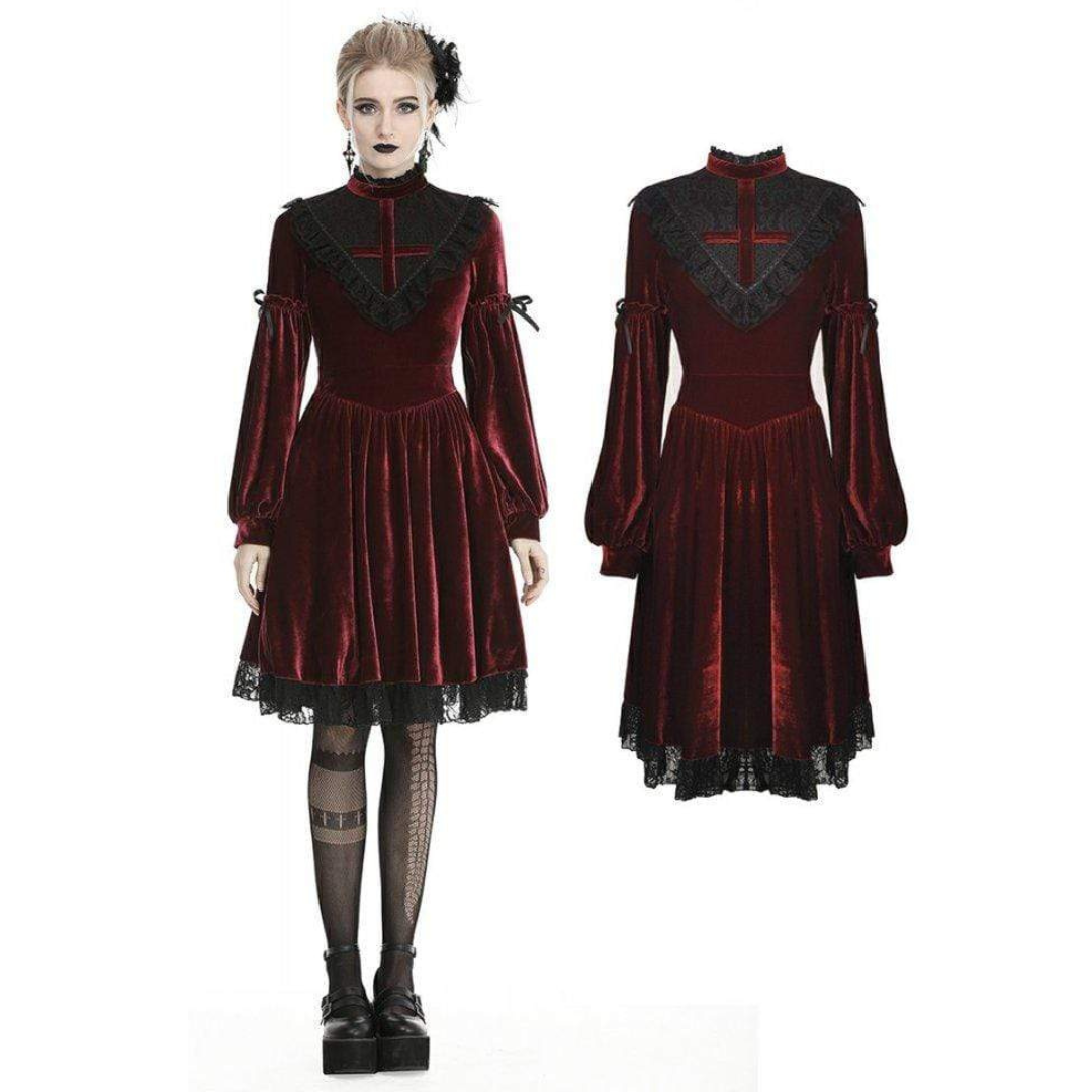Naughty Kitten Clothing Women's Vintage Lace Collar Velvet Dresses Red Front View Alternative Gothic Wear