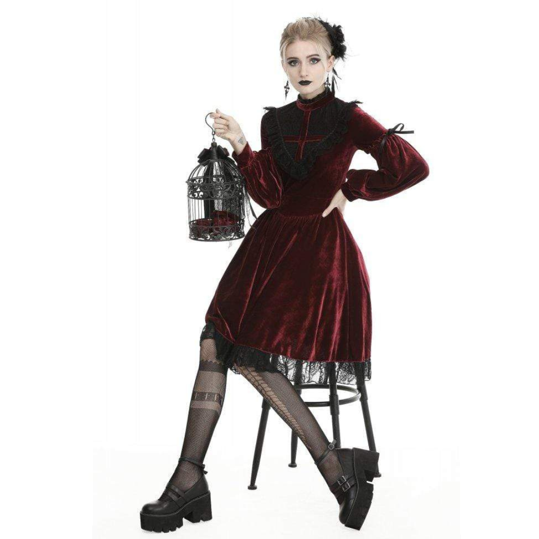 Naughty Kitten Clothing Women's Vintage Lace Collar Velvet Dresses Red Front View Alternative Gothic Wear