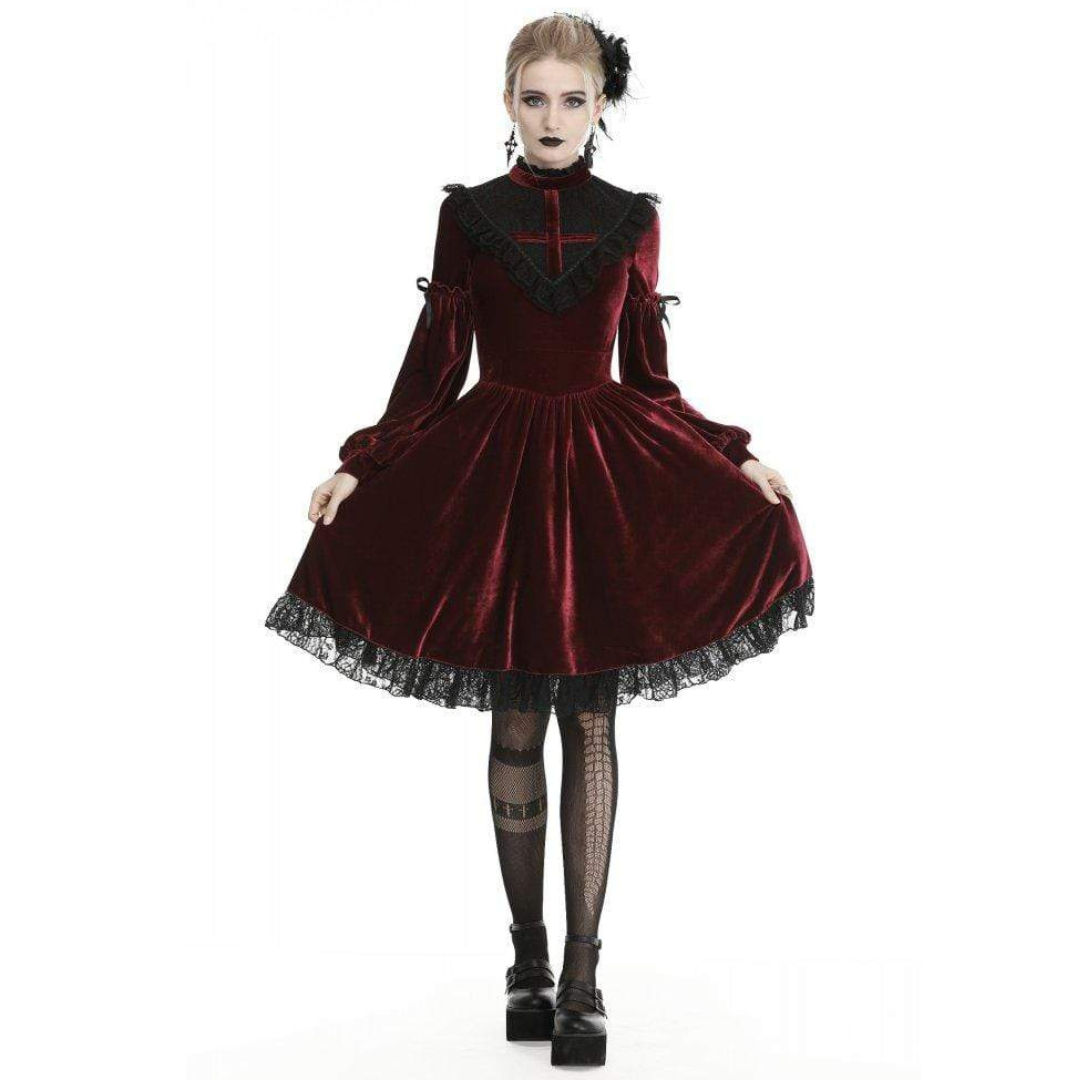 Naughty Kitten Clothing Women's Vintage Lace Collar Velvet Dresses Red Front View Alternative Gothic Wear