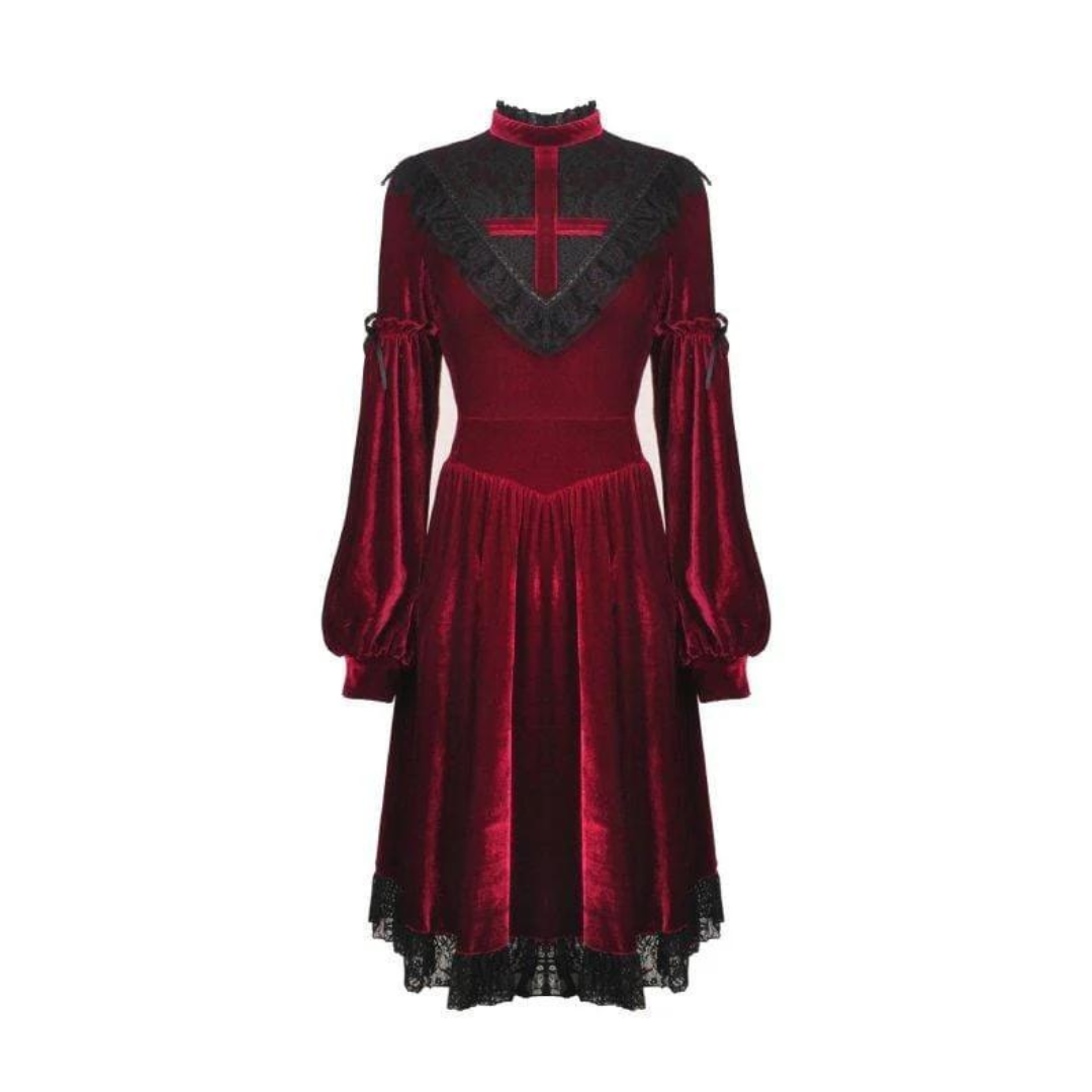 Naughty Kitten Clothing Women's Vintage Lace Collar Velvet Dresses Red Front View Alternative Gothic Wear