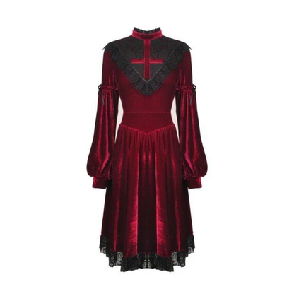 Naughty Kitten Clothing Women's Vintage Lace Collar Velvet Dresses Red Front View Alternative Gothic Wear