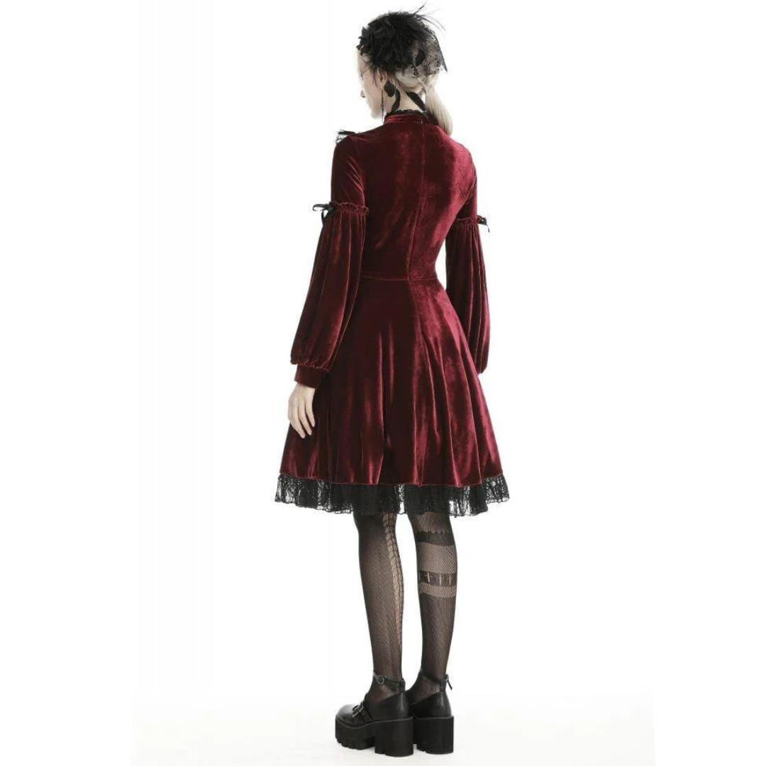 Naughty Kitten Clothing Women's Vintage Lace Collar Velvet Dresses Red Rear View Alternative Gothic Wear
