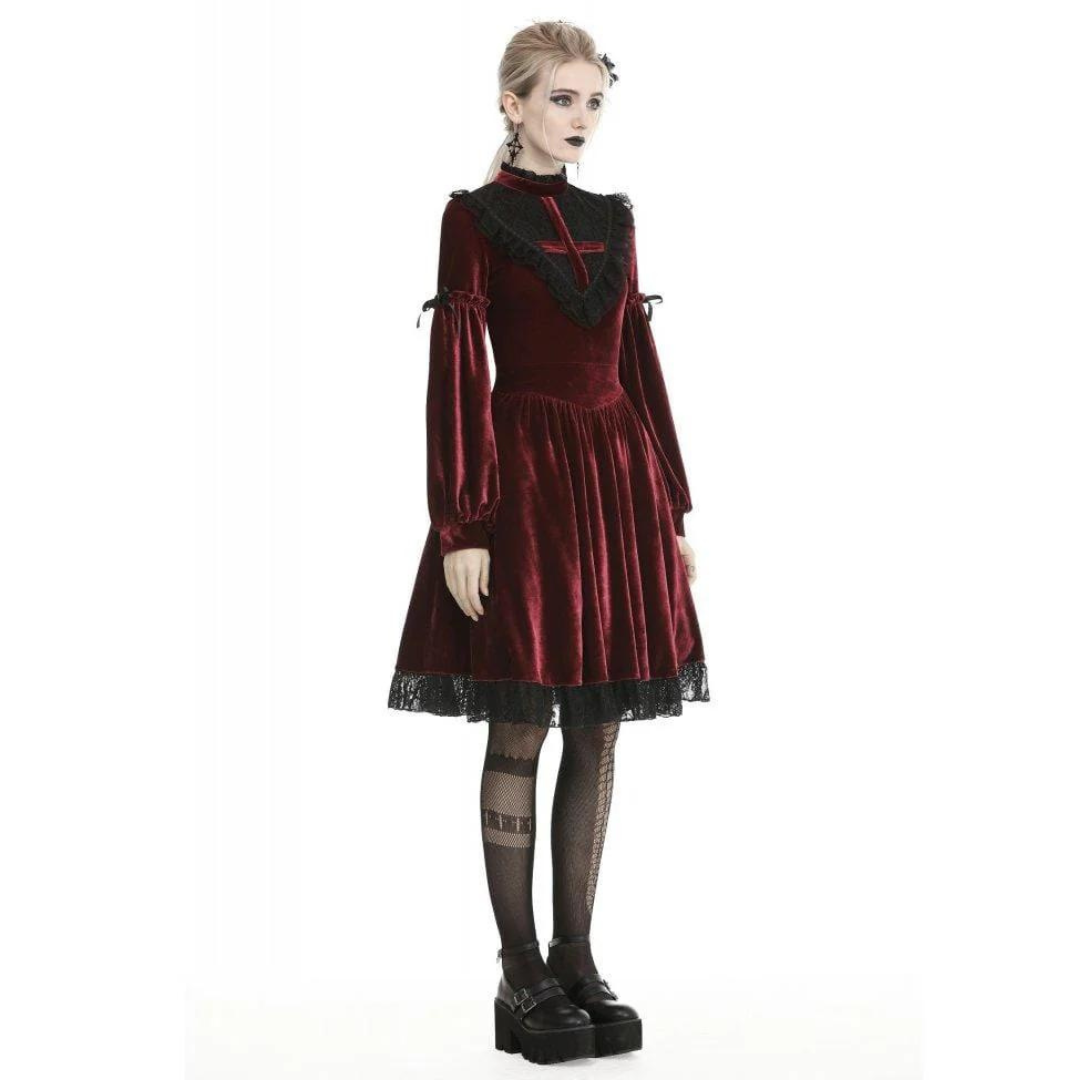 Naughty Kitten Clothing Women's Vintage Lace Collar Velvet Dresses Red Side View Alternative Gothic Wear