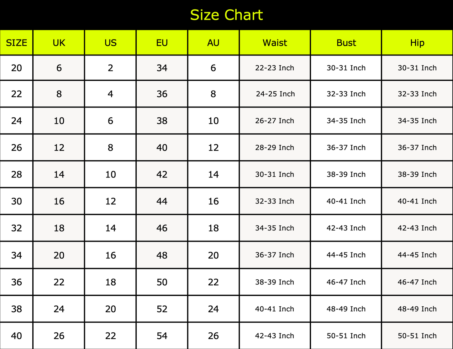 Naughty Kitten Size Chart