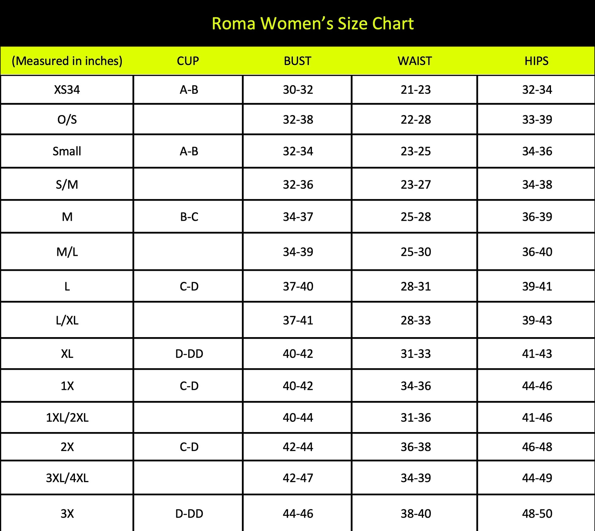 Naughty Kitten Women's Size Chart